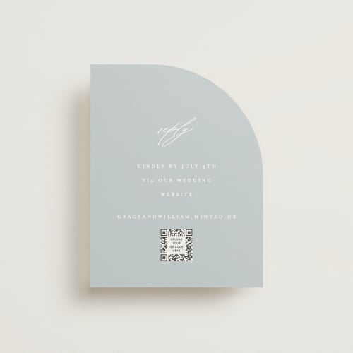This is a dusty blue rsvp cards with standard by Angela Thompson called delicate script printing on signature in standard