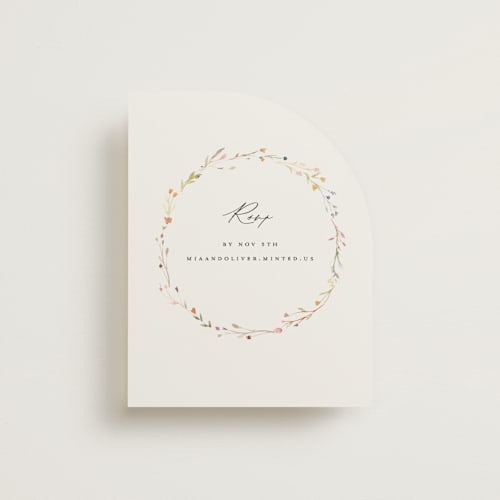 This is a snow rsvp cards with standard by Lori Wemple called delicate florals printing on signature in standard