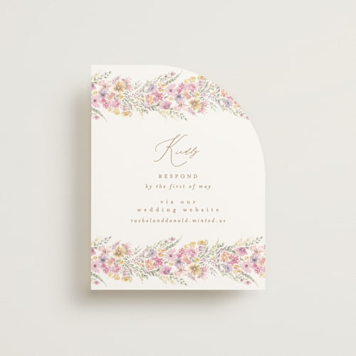 This is a spring rsvp cards with standard by Phrosné Barwood called floral arch printing on signature in standard
