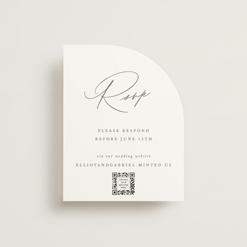 This is a pearl rsvp cards with standard by Hooray Creative called scripted names printing on signature in standard