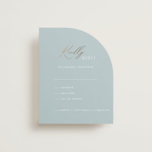 This is a dusty blue rsvp cards with foil pressed by Angela Thompson called delicacy printing on signature in standard