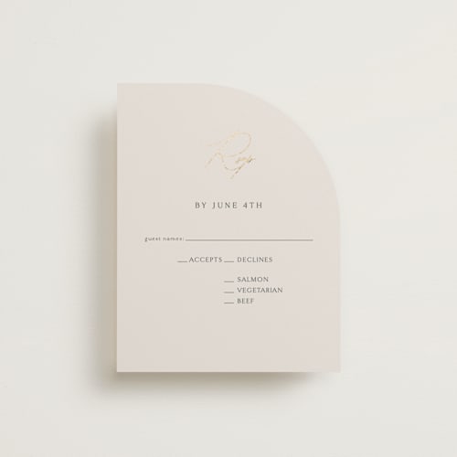 This is a ivory rsvp cards with foil pressed by Angela Thompson called eloquent printing on signature in standard