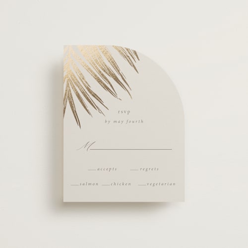 This is a sand rsvp cards with foil pressed by Melinda Denison called gilded palm printing on signature in standard