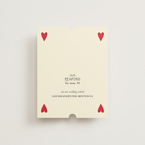 This is a champagne rsvp cards with standard by Helena Vitto called red hearts printing on signature in standard