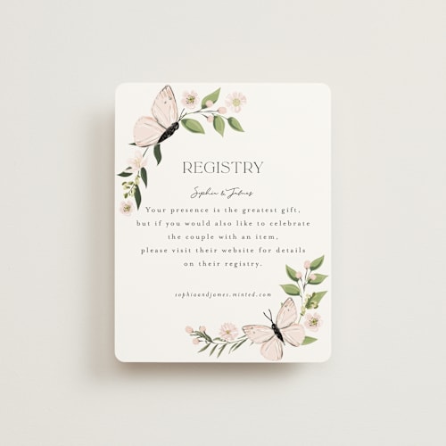 This is a blush bridal shower insert cards with standard by Susan Moyal called blossoms & butterflies printing on signature in standard