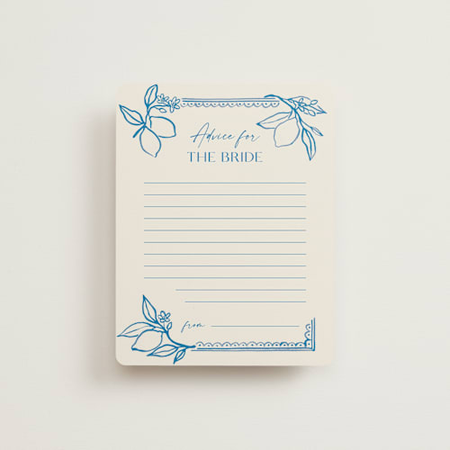 This is a cobalt bridal shower insert cards with standard by Pati Cascino called mediterraneo printing on signature in standard