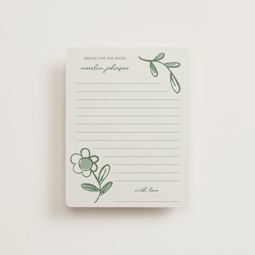 This is a sage bridal shower insert cards with standard by Kelly Watkins called blooming printing on signature in standard