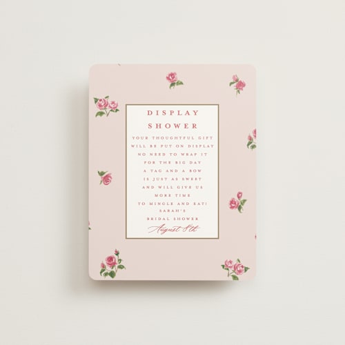 This is a blush bridal shower insert cards with standard by Teju Reval called romantic roses printing on signature in standard
