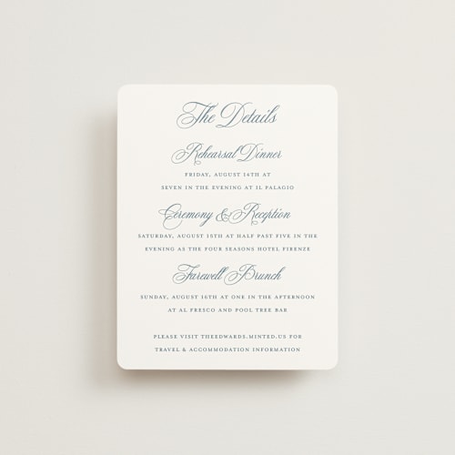 This is a dusty blue enclosure cards with standard by Jennifer Postorino called empire printing on signature in standard