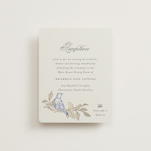 This is a cornflower foil stamped wedding invitations with foil pressed by Grae called meet me in the garden printing on signature in standard