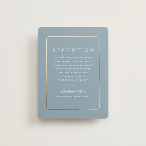 This is a dusty blue foil stamped wedding invitations with foil pressed by Stacey Meacham called elegant bevel printing on signature in standard