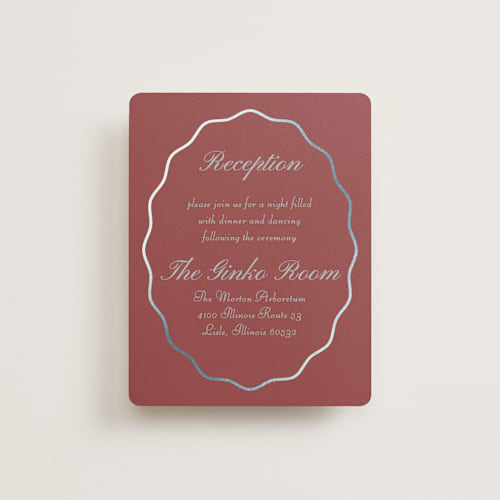 This is a burgundy foil stamped wedding invitations with foil pressed by Baumbirdy called scallop frame printing on signature in standard