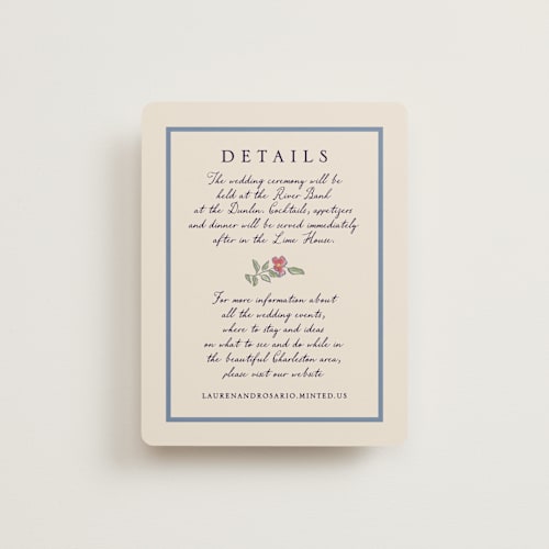 This is a cornflower reception cards with standard by Chris Griffith called a wedding in low country printing on signature in standard