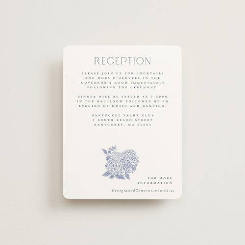 This is a periwinkle reception cards with standard by Jenna Holcomb called coastal toile printing on signature in standard