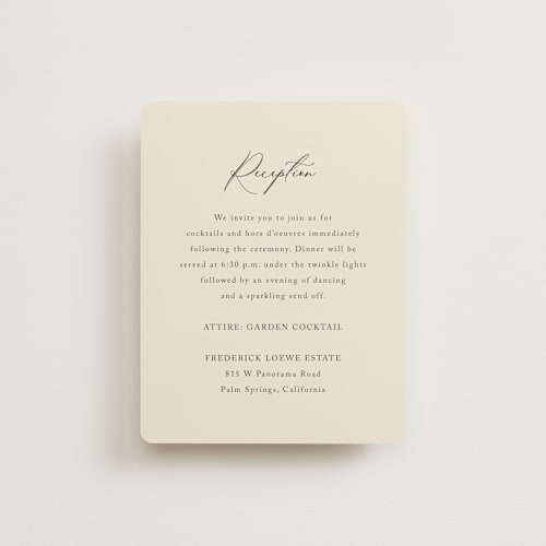 This is a mocha reception cards with standard by Jennifer Postorino called love story printing on signature in standard