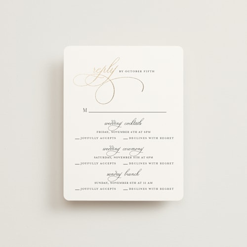 This is a sugar rsvp cards with foil pressed by Jessica Williams called elegant flourish printing on signature in standard