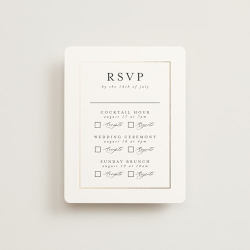 This is a pearl rsvp cards with foil pressed by Nicole Walsh called gilded frame printing on signature in standard