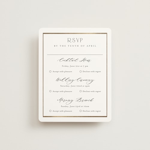 This is a cotton rsvp cards with foil pressed by Stacey Meacham called luster printing on signature in standard
