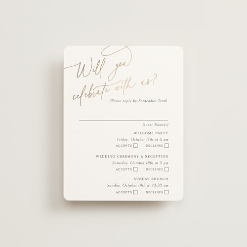 This is a marshmallow rsvp cards with foil pressed by Kaydi Bishop called the wedding printing on signature in standard