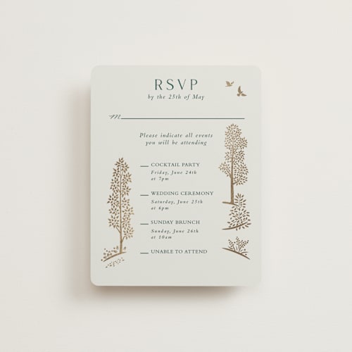 This is a evergreen rsvp cards with foil pressed by Paper Sun Studio called mountaintop printing on signature in standard