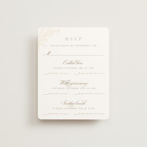 This is a champagne rsvp cards with foil pressed by Cass Loh called floral crest printing on signature in standard