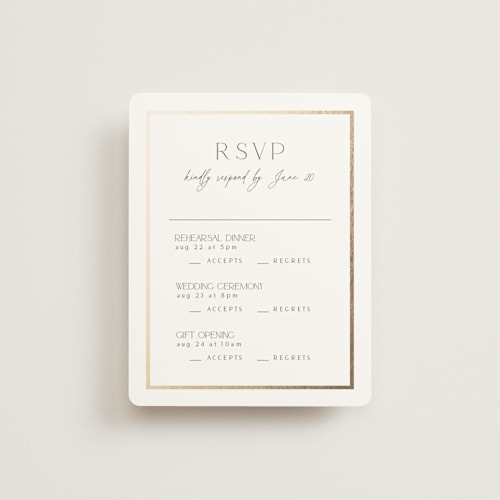 This is a porcelain rsvp cards with foil pressed by Nicole Walsh called regal printing on signature in standard