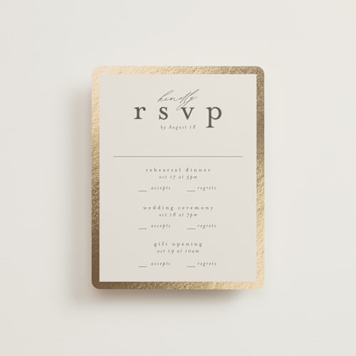 This is a sand rsvp cards with foil pressed by Nicole Walsh called surround printing on signature in standard