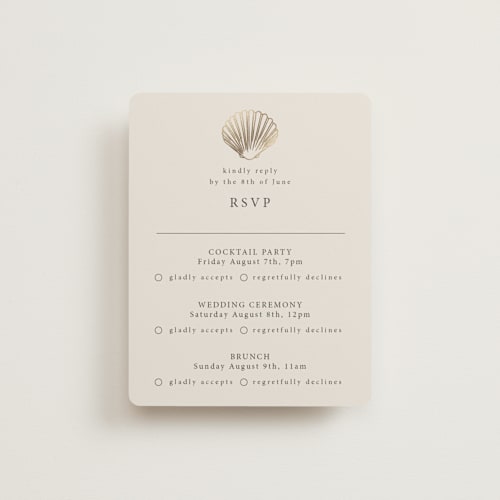 This is a sand rsvp cards with foil pressed by Hannah Bowman called simple seashell printing on signature in standard