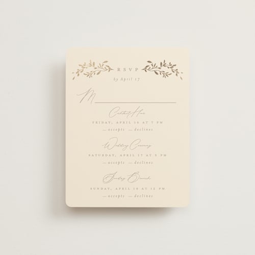 This is a sand rsvp cards with foil pressed by Creo Study called leafy garland printing on signature in standard