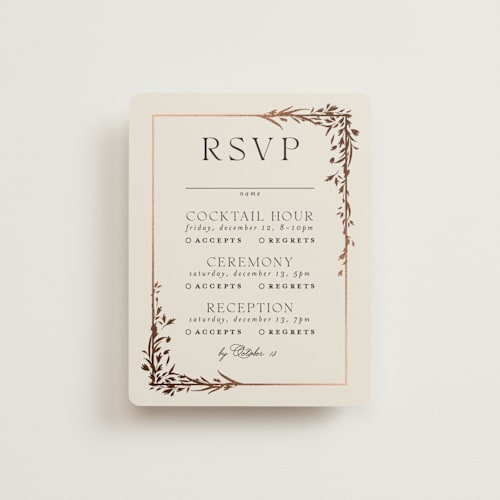 This is a almond rsvp cards with foil pressed by Erin L. Wilson called trailing vines printing on signature in standard