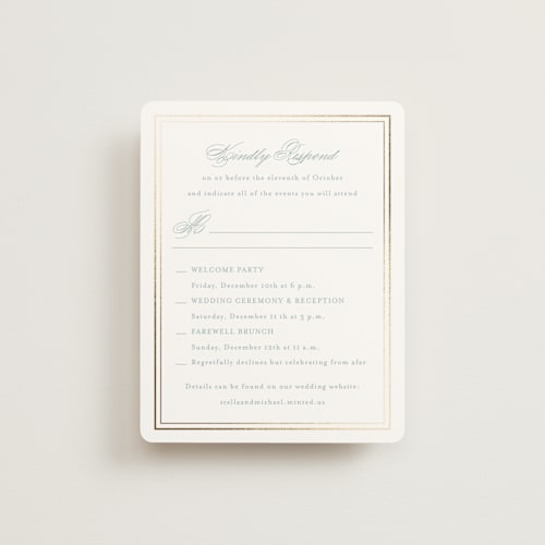 This is a powder blue rsvp cards with foil pressed by Jennifer Postorino called polished printing on signature in standard