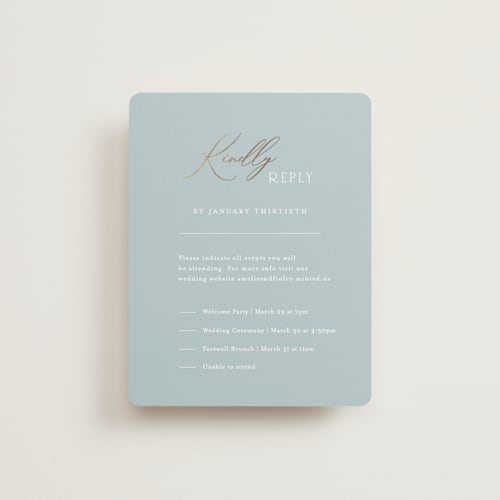 This is a dusty blue rsvp cards with foil pressed by Angela Thompson called delicacy printing on signature in standard