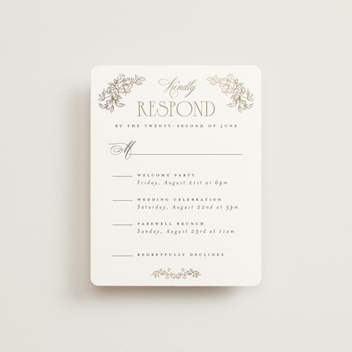 This is a pearl rsvp cards with foil pressed by Jenna Holcomb called rococo printing on signature in standard