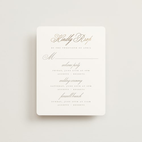 This is a chantilly rsvp cards with foil pressed by Wildfield Paper Co called romantic wreath printing on signature in standard