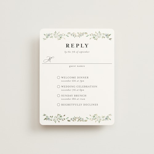 This is a mojito rsvp cards with foil pressed by Susan Moyal called monogramed arch printing on signature in standard