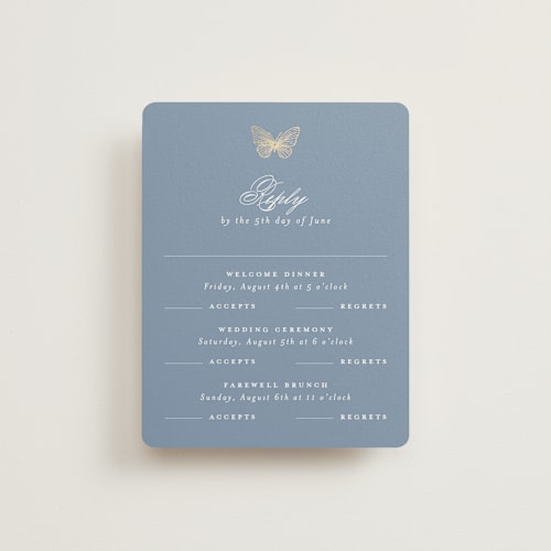 This is a cornflower rsvp cards with foil pressed by Grae called meet me in the garden printing on signature in standard