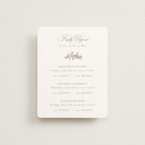 This is a ivory rsvp cards with foil pressed by Mansi Verma called gold crest printing on signature in standard
