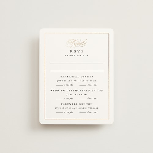 This is a linen rsvp cards with foil pressed by Erica Krystek called timeless printing on signature in standard