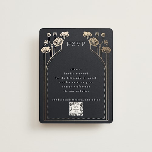 This is a navy rsvp cards with foil pressed by Ana de Sousa called nouveau flowers printing on signature in standard