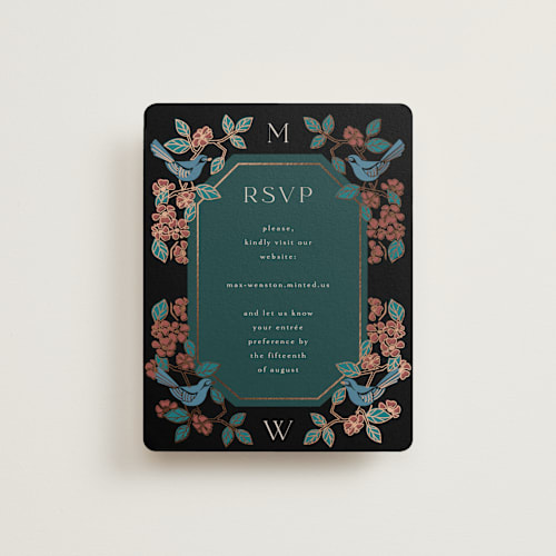 This is a onyx rsvp cards with foil pressed by Ana de Sousa called wedding birds printing on signature in standard