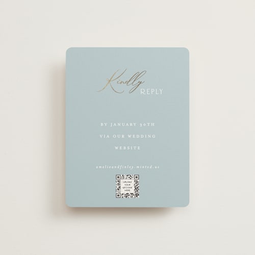This is a dusty blue rsvp cards with foil pressed by Angela Thompson called delicacy printing on signature in standard