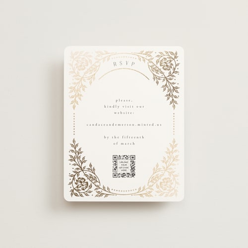 This is a ivory rsvp cards with foil pressed by Ana de Sousa called gilded nouveau frame printing on signature in standard