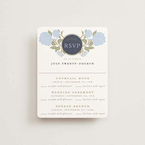 This is a navy rsvp cards with standard by Susan Zinader called hydrangea garden printing on signature in standard
