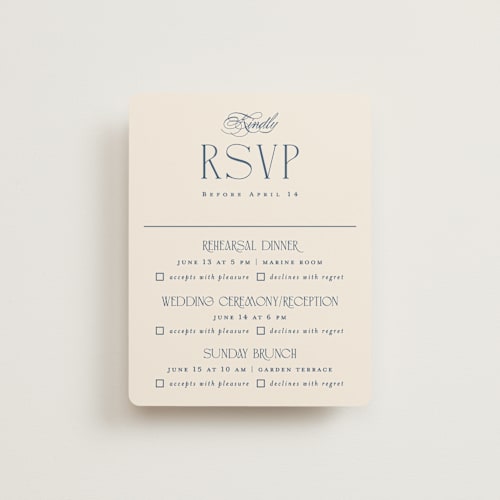 This is a ecru rsvp cards with standard by Erica Krystek called arched monogram printing on signature in standard
