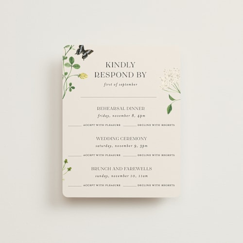 This is a elder flower rsvp cards with standard by Sarah Knight called wild meadow printing on signature in standard