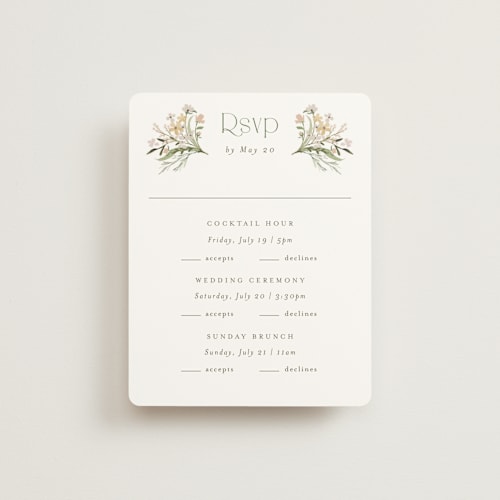 This is a olive rsvp cards with standard by Jennifer Wick called delicate buds printing on signature in standard