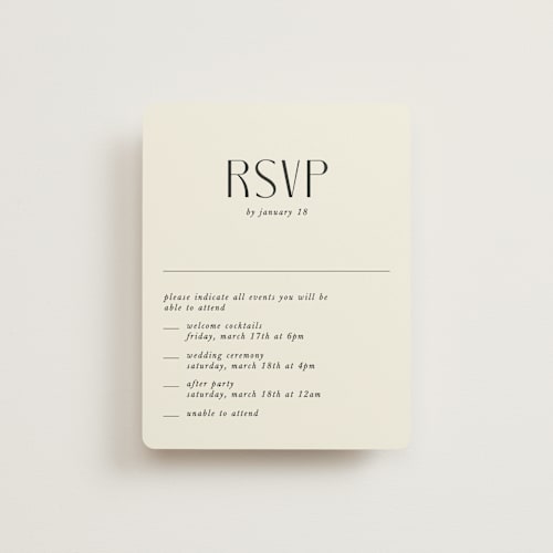 This is a ecru rsvp cards with standard by That Girl Press called commonwealth printing on signature in standard