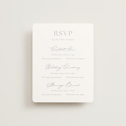 This is a dusty blue rsvp cards with standard by Stacey Meacham called modern air printing on signature in standard