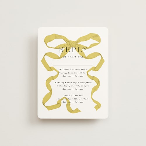 This is a citrine rsvp cards with standard by Olivia Kanaley Inman called antique ribbon printing on signature in standard