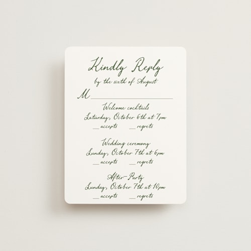 This is a moss rsvp cards with standard by Cass Loh called handwritten printing on signature in standard